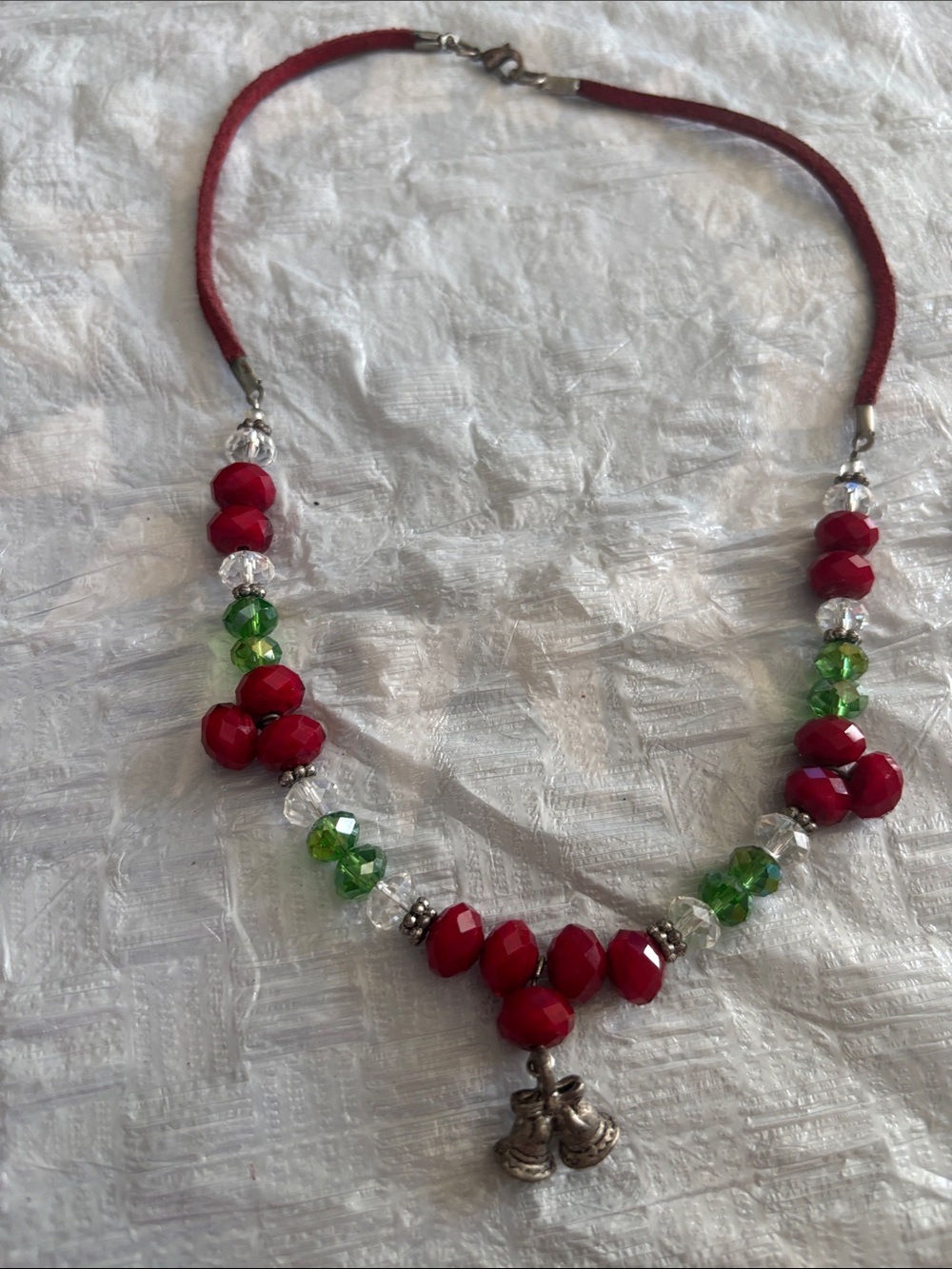Festive Red and Green Beaded Necklace with Bell Charm